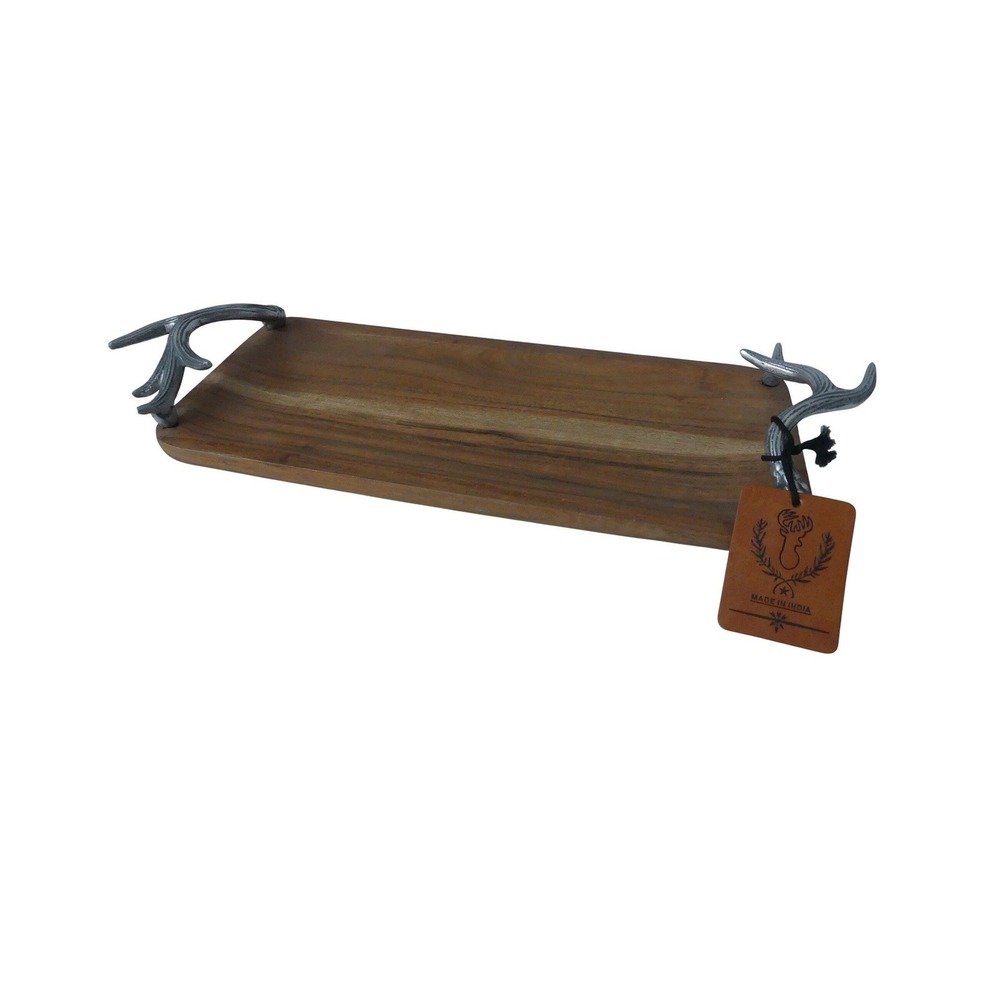 Wooden Serving Tray Pewter Antler Handles Rustic Lodge Charcuterie Board 14 Inch